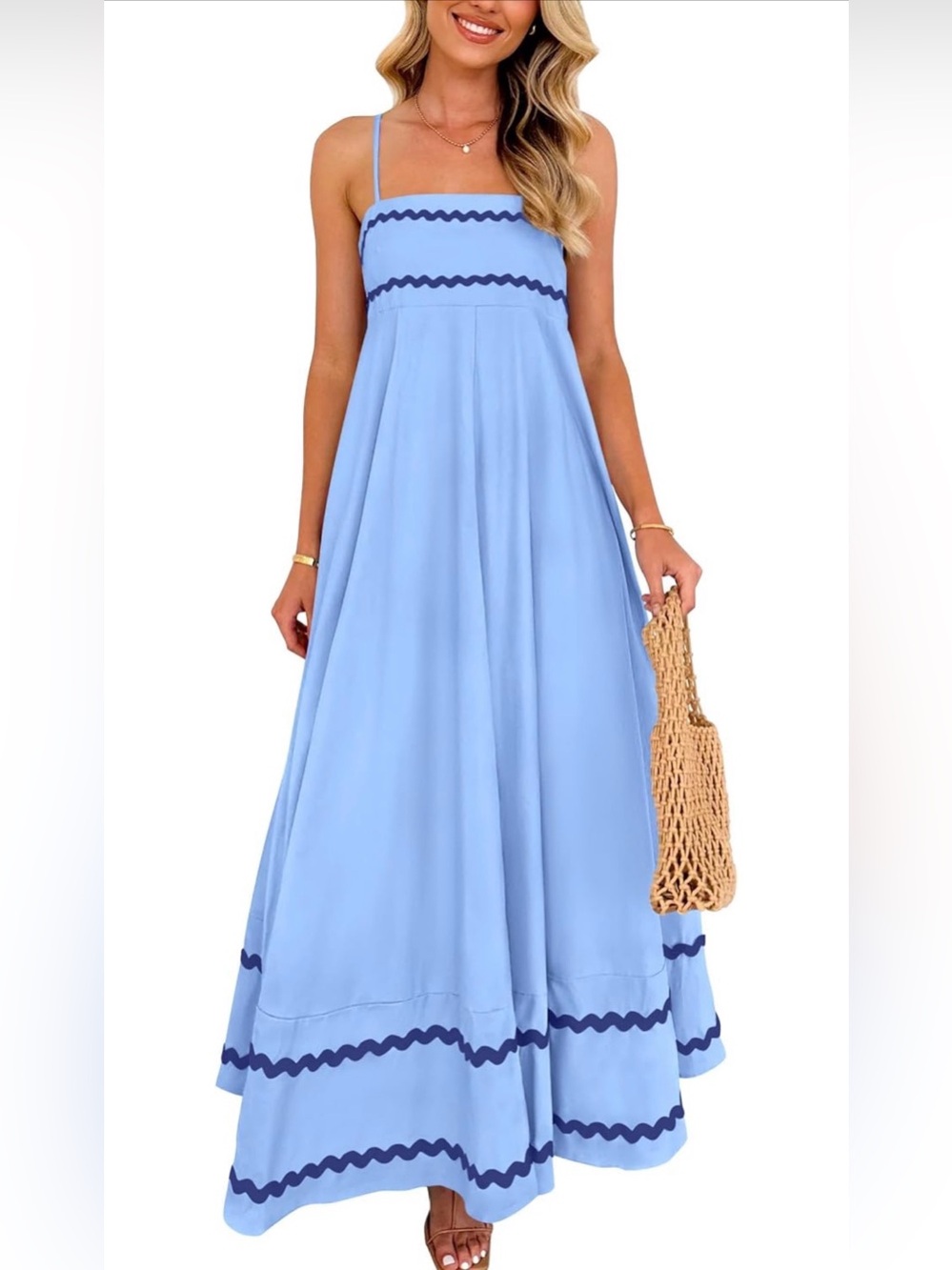 Light Blue Maxi Sundress with Navy Trim
